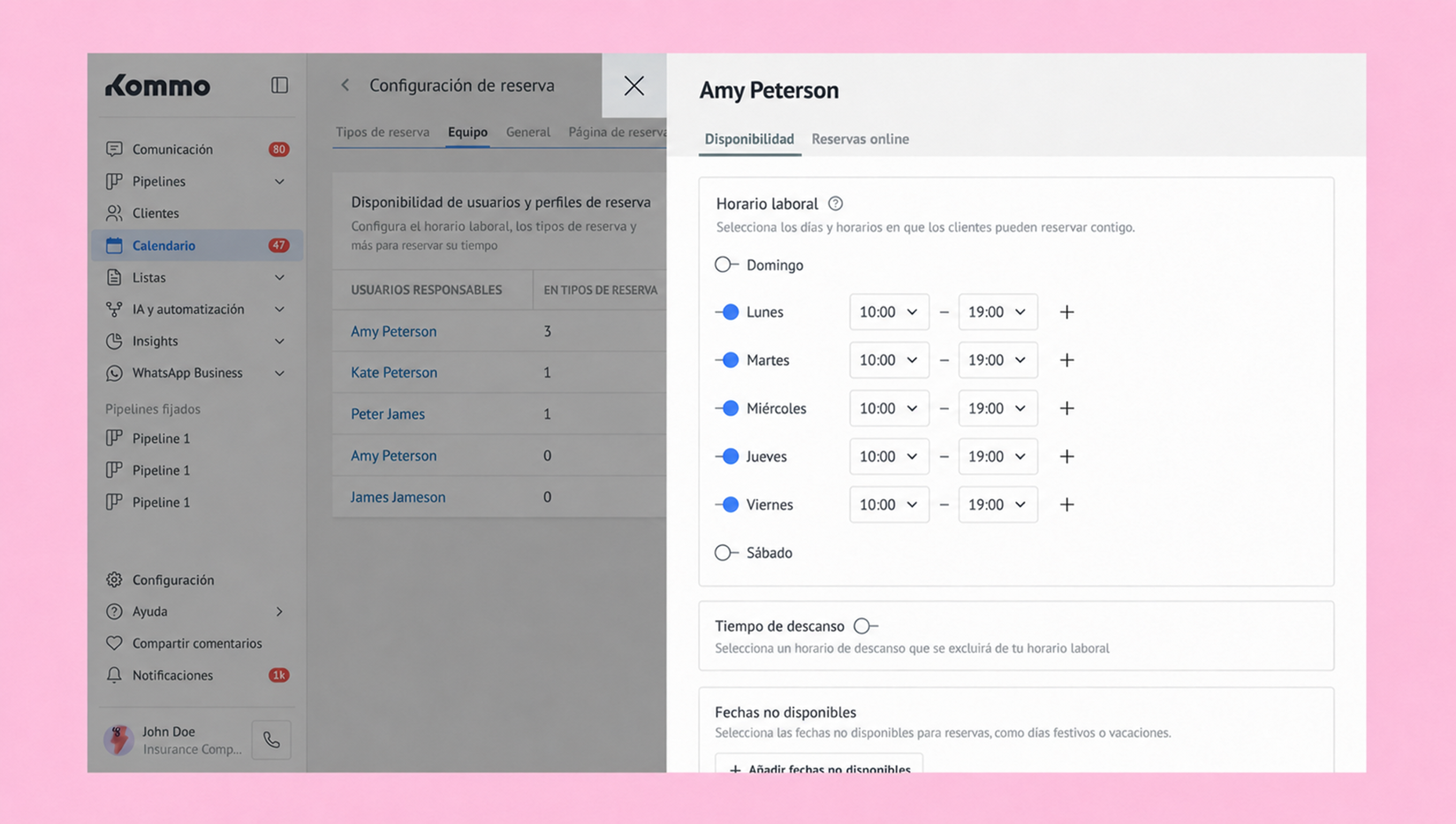 User availability settings for Amy Peterson in the Kommo reservation system interface.
